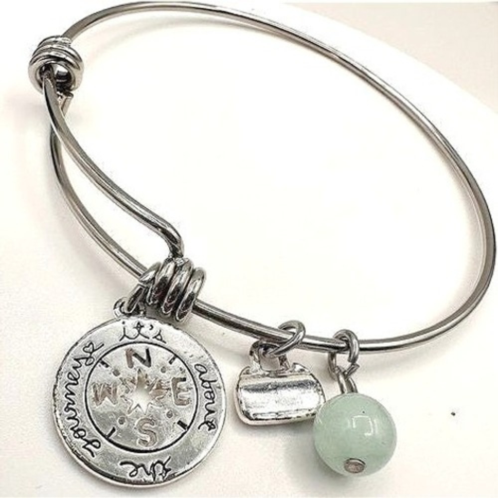 Vintage Y2K Silver Tone Charm Bracelet It's About The Journey Green Bead Jewelry